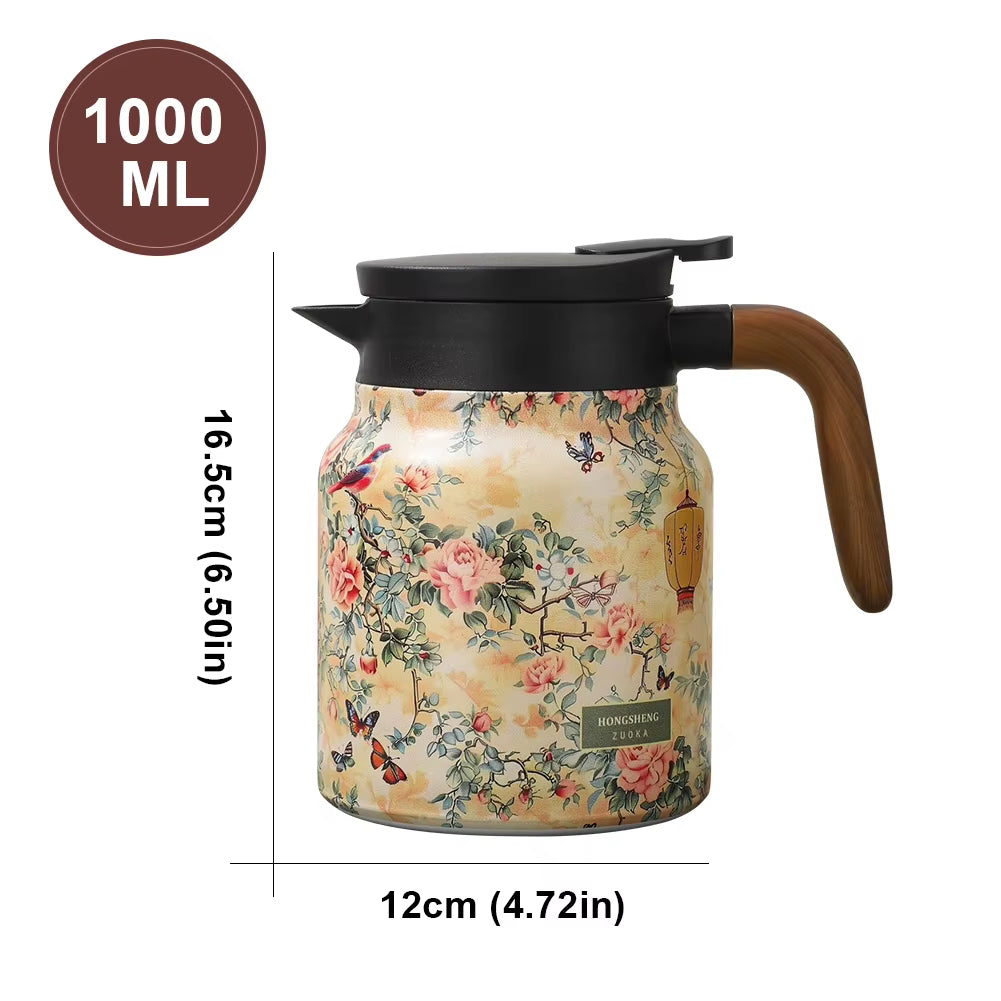 1000Ml Vintage Floral Tea Thermos Stainless Steel Tea Kettle Drip-Proof Tea Pot with Tea Infuser Mini Thermo Coffee Pot